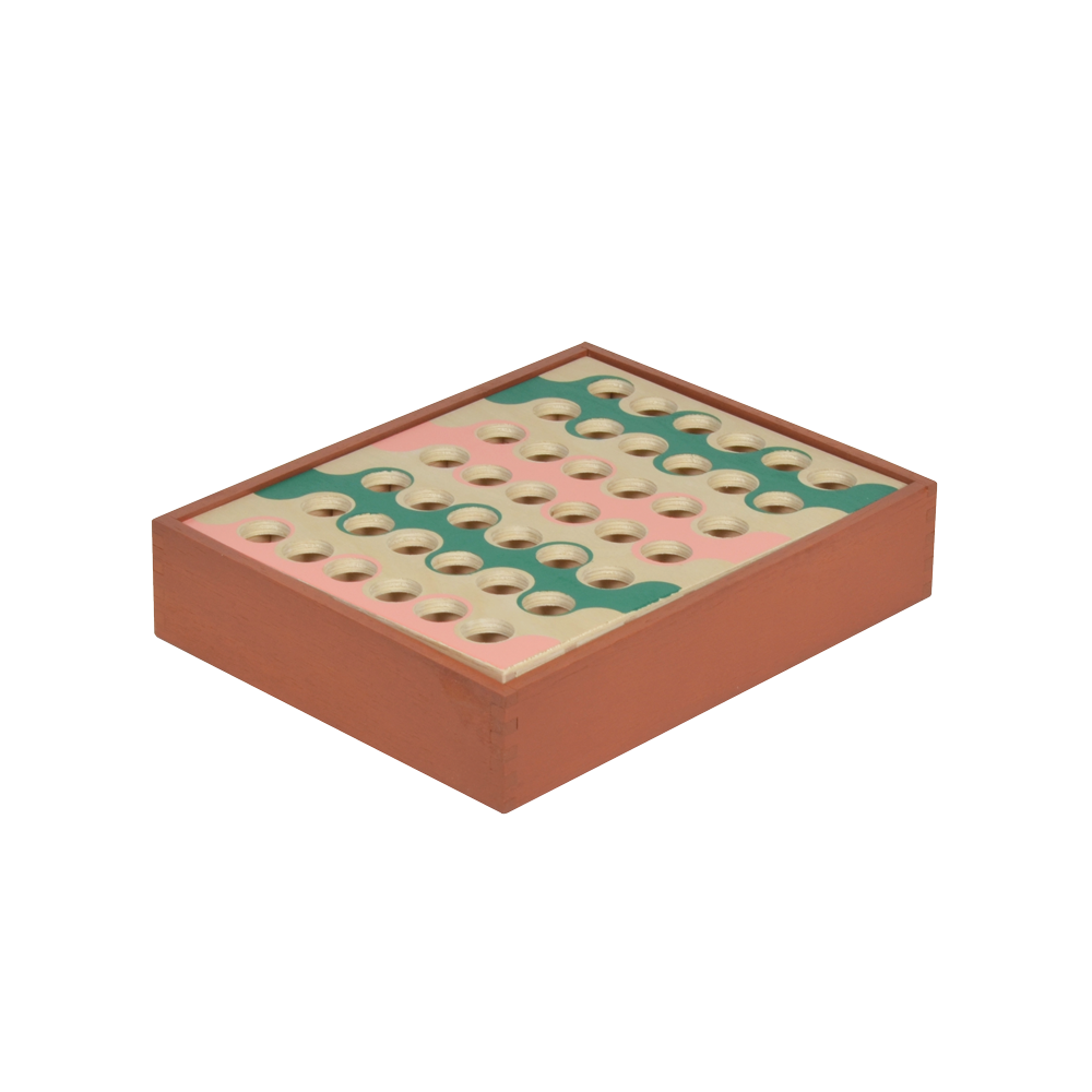 A wooden game called 'FOUR IN A ROW' with beige game board, multicolored game pieces, and red and blue discs placed next to it.