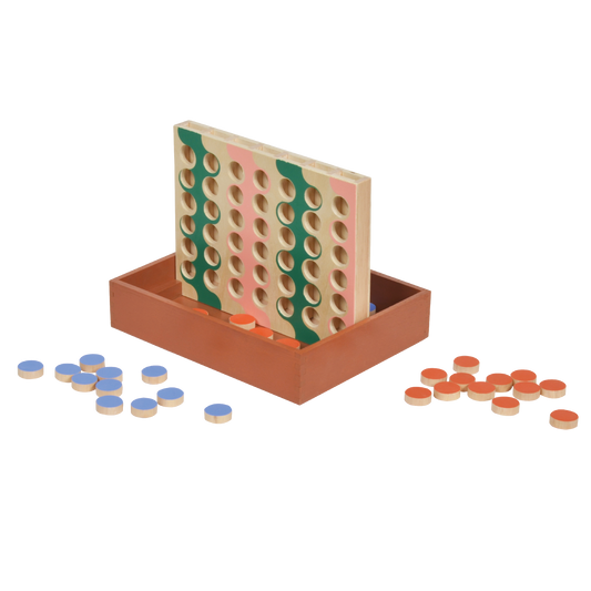 A wooden game called 'FOUR IN A ROW' with beige game board, multicolored game pieces, and red and blue discs placed next to it.