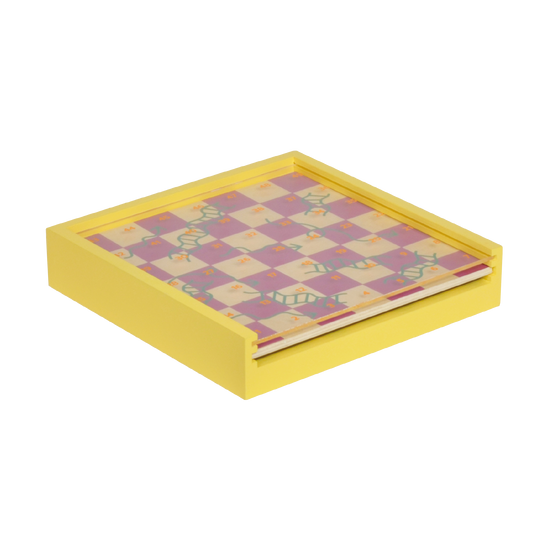 A colorful snakes and ladders game set with a yellow base and a board featuring a checkered pattern with ladders and snakes illustrated in minimalist graphic style.