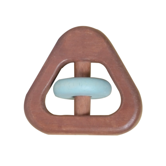 A triangle-shaped rattle with a natural brown color and a plain, smooth surface.