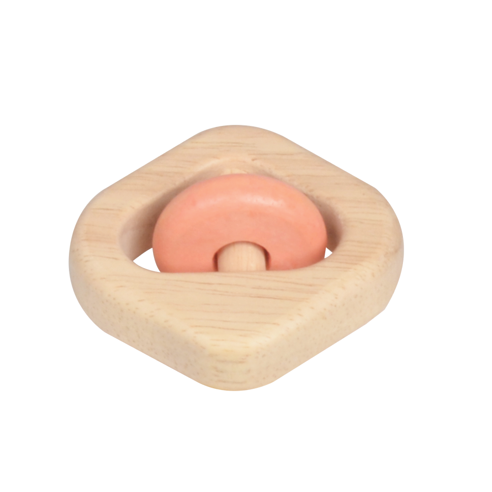 A wooden diamond-shaped rattle with a plain color and natural tone.