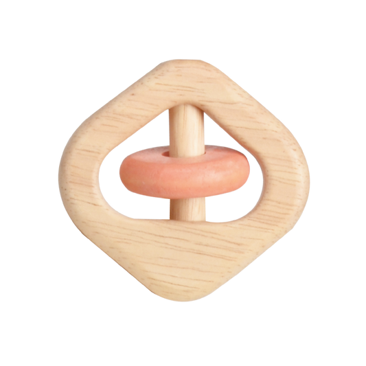 A wooden diamond-shaped rattle with a plain color and natural tone.