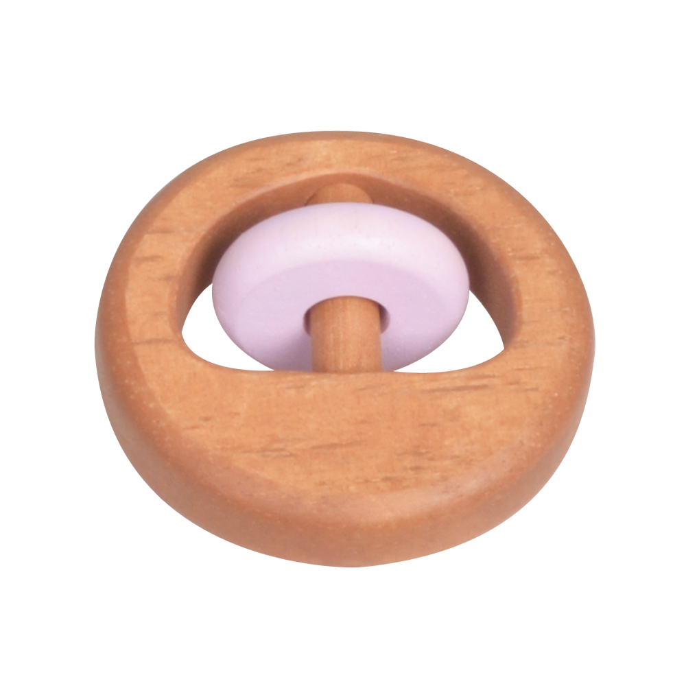 A round, wooden rattle with a natural beige color and a plain design.