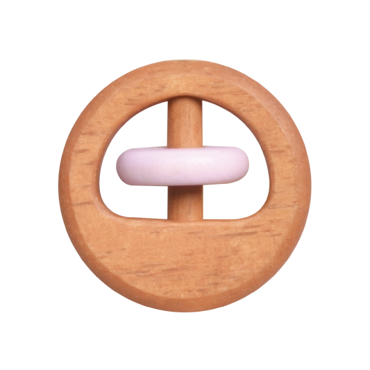 A round, wooden rattle with a natural beige color and a plain design.