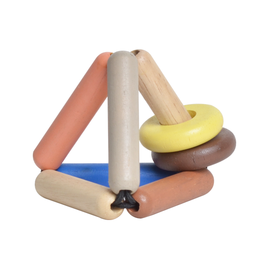 A multicolored baby rattle toy with a geometric shape and a ring design.