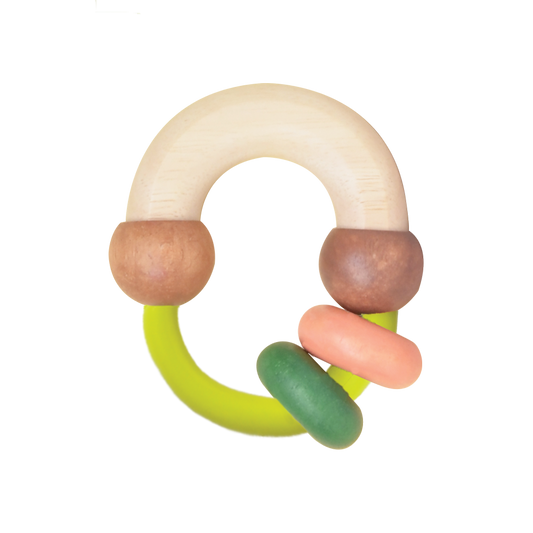 A wooden ring-shaped baby rattle with beads in different colors attached to it.