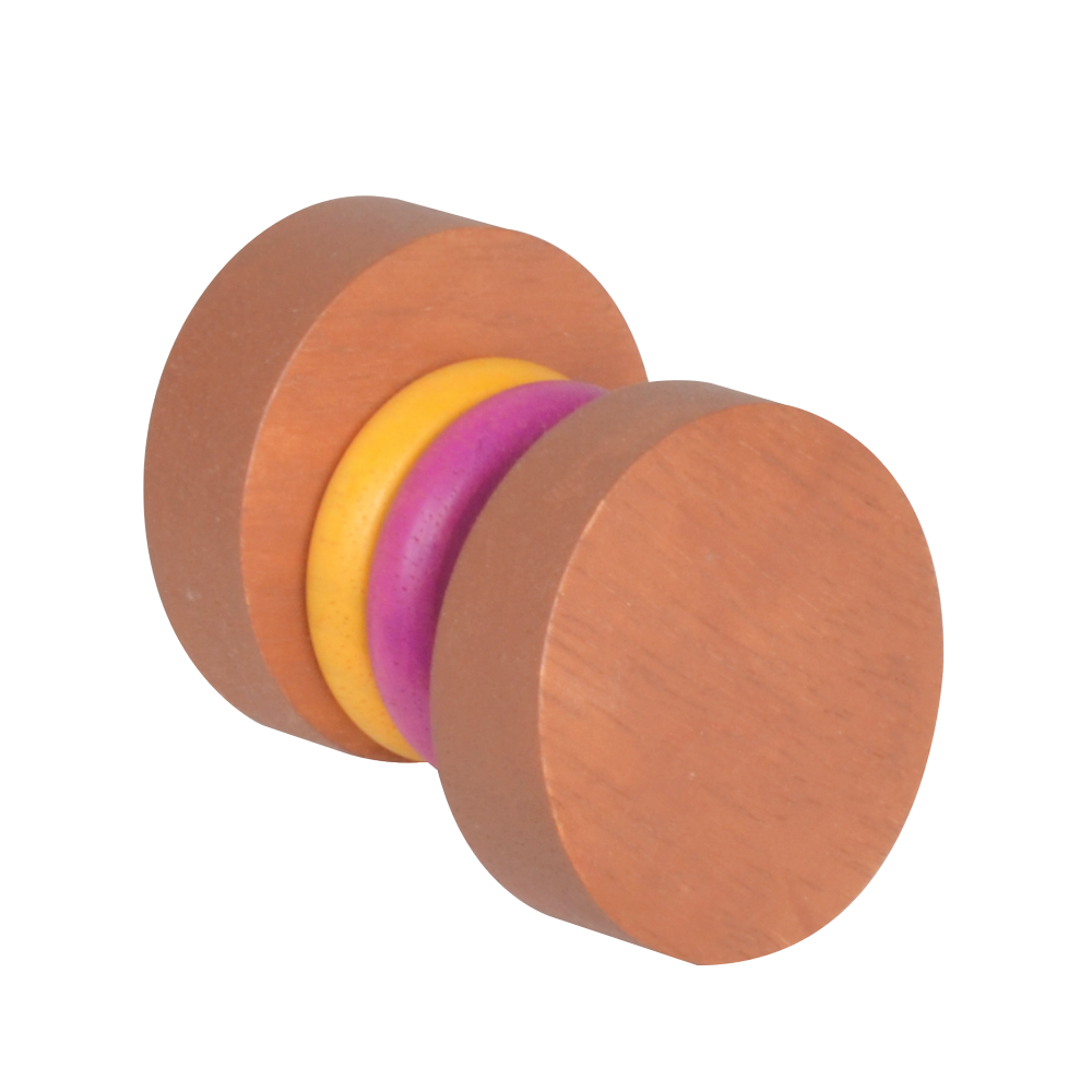 A multicolored waggle rattle made of wood, with different shapes and forms, designed for infant sensory development.