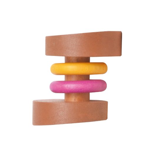 A multicolored waggle rattle made of wood, with different shapes and forms, designed for infant sensory development.