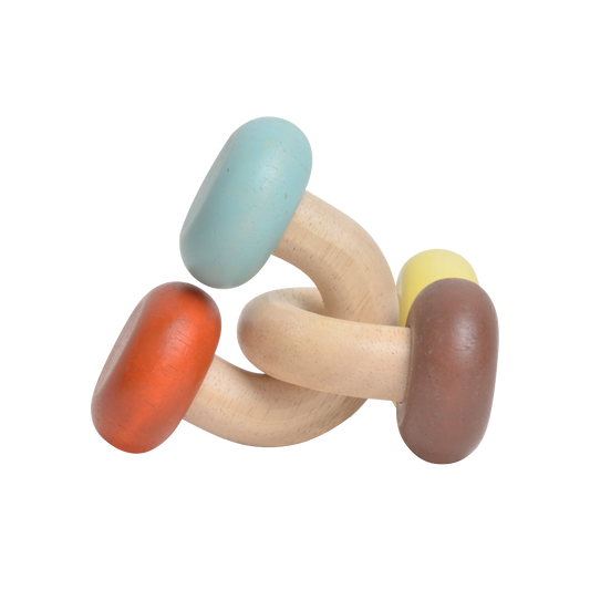 A colorful baby rattle with a wooden chain and plastic beads in shades of blue, red, and beige.