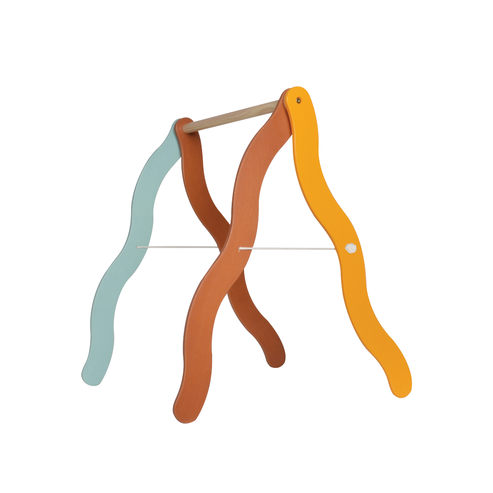 A foldable A-frame mobile hanger with wavy legs in different colors (orange, blue, and brown) designed to be placed over a baby mattress.
