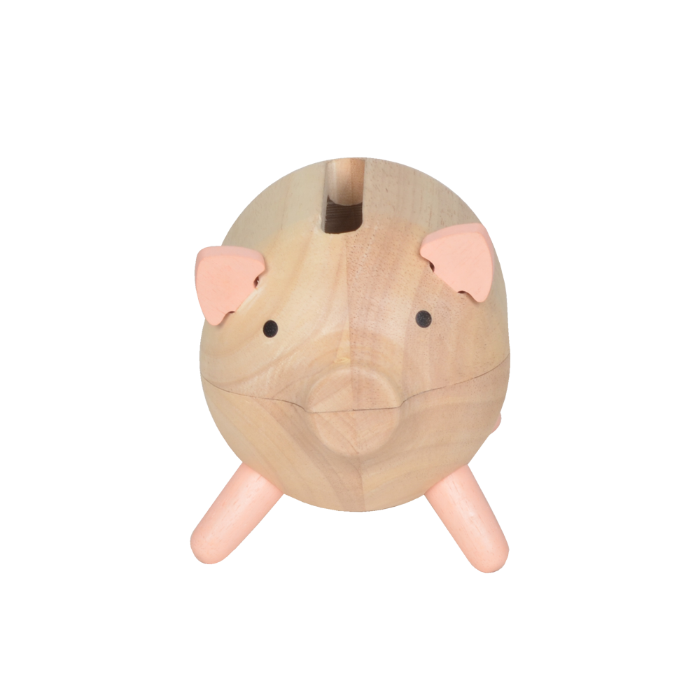 A wooden piglet-shaped slit drum with a cylindrical body and a small wooden mallet.