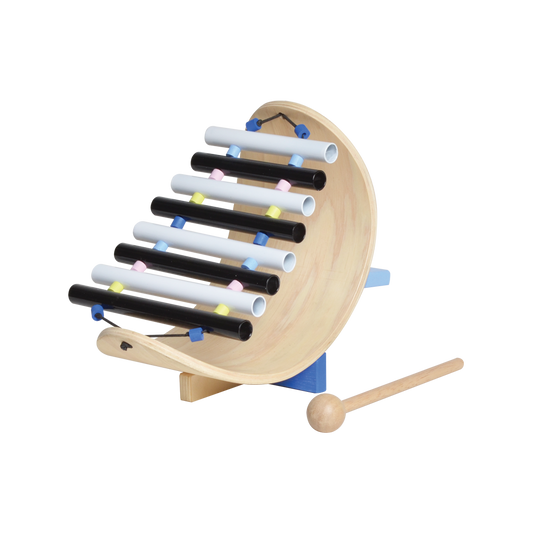 A colorful wooden floating xylophone with metal bars and a wooden frame, with a wooden mallet.