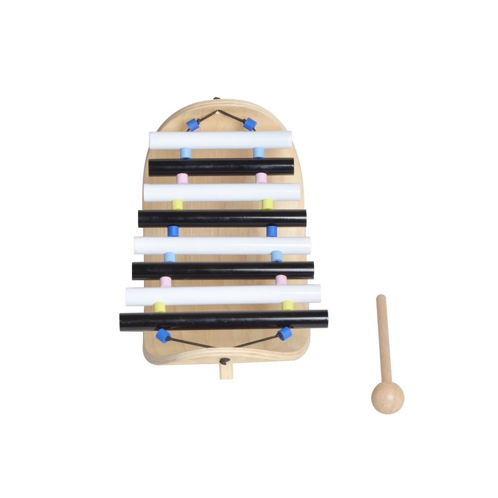 A colorful wooden floating xylophone with metal bars and a wooden frame, with a wooden mallet.