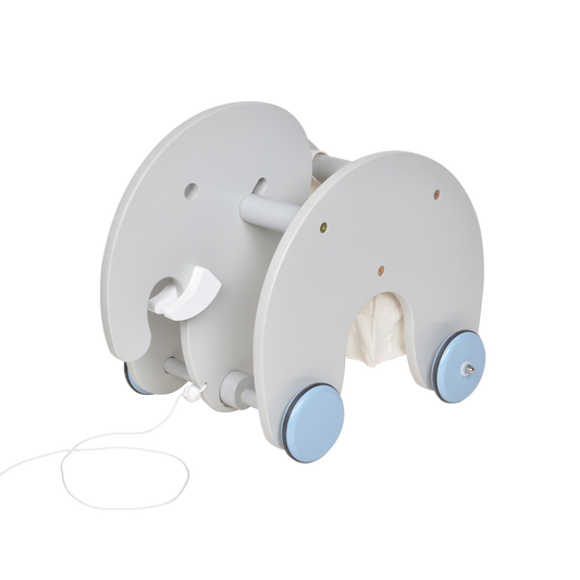 A white elephant baby push toy with blue wheels and a pull string