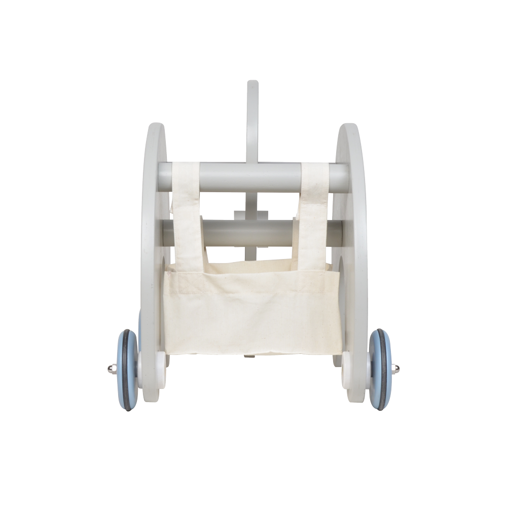 A white elephant baby push toy with blue wheels and a pull string