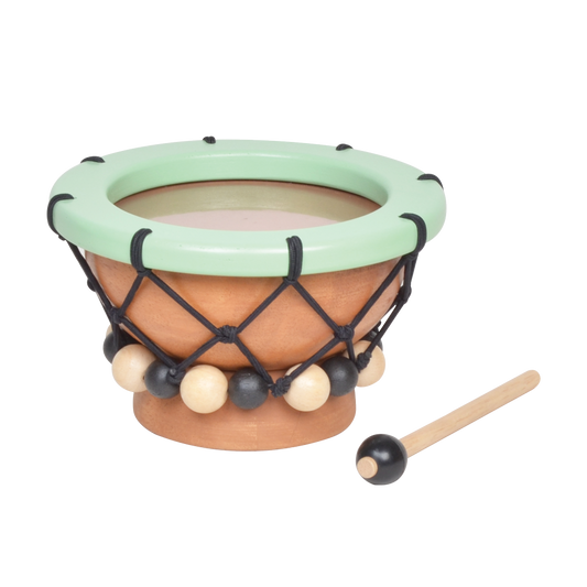 Wooden toy drum with green rim and decorative black and beige beads around the sides.
