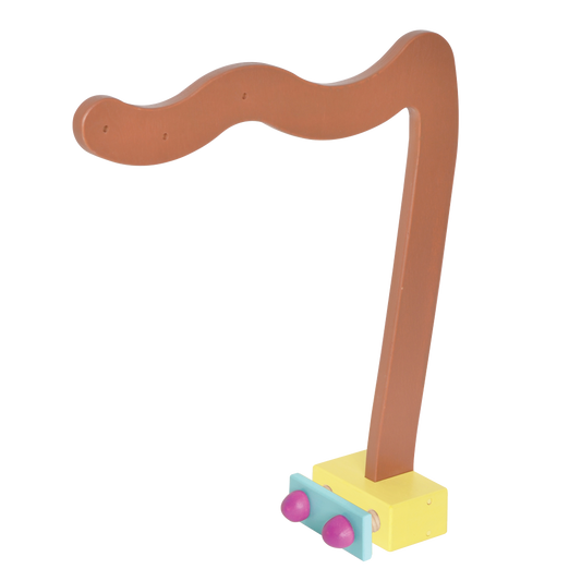 A wooden crib branch hanger with a brown arm and yellow base with wheels.