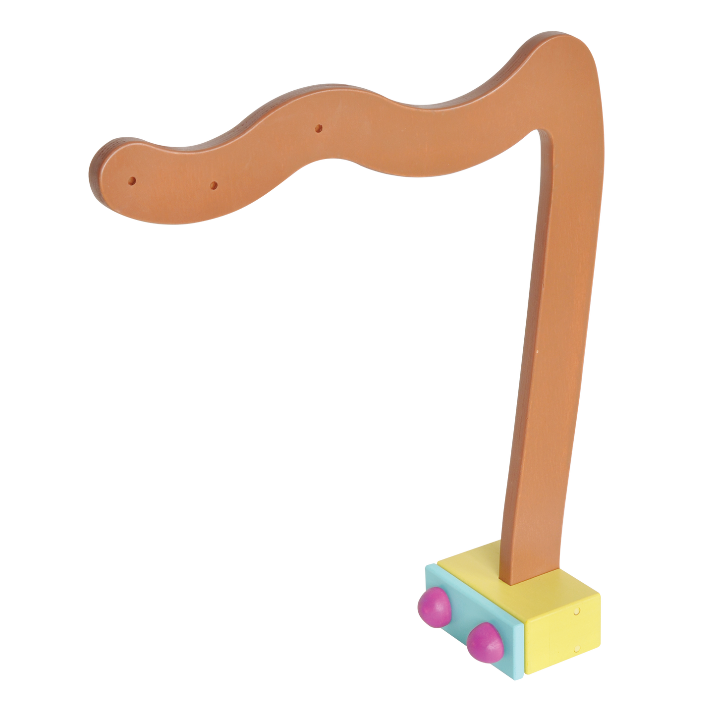 A wooden crib branch hanger with a brown arm and yellow base with wheels.