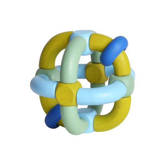 A colorful baby dice rattle with blue and yellow wooden tubes and dice beads, connected by elastic, designed for infant sensory development.