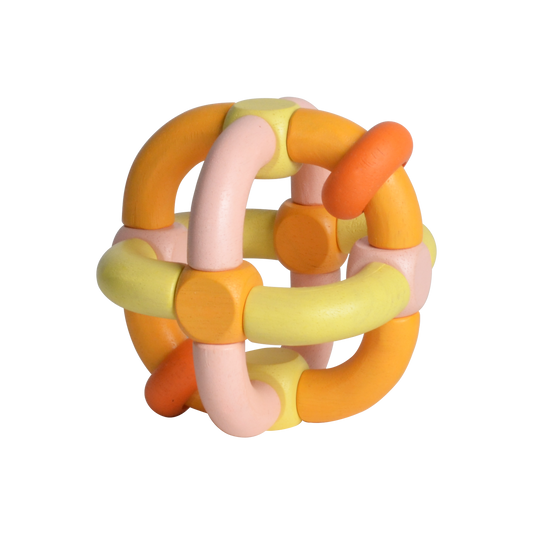 A multicolored baby rattle made of wooden tubes and dice beads in various shades of orange, yellow, and pink.