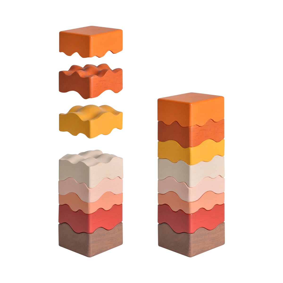 A stack of colorful geometric shaped blocks representing a rammed earth tower, with some blocks displayed both in and out of position, indicating a puzzle or building set.