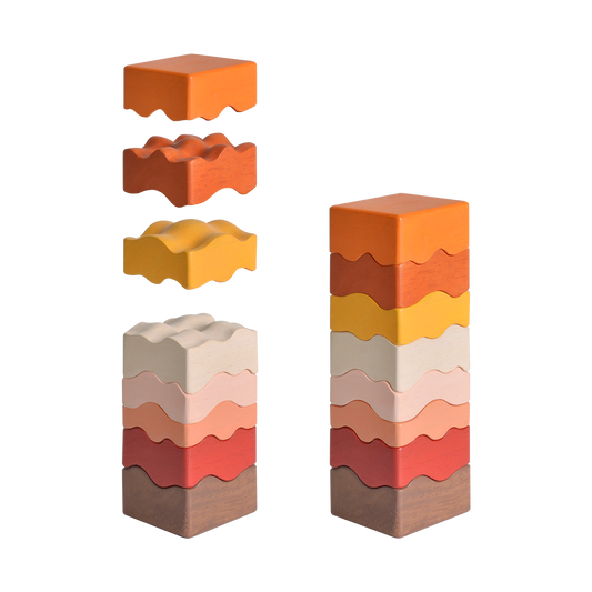 A set of wooden blocks in a cascade pattern with varying shades of red and beige.