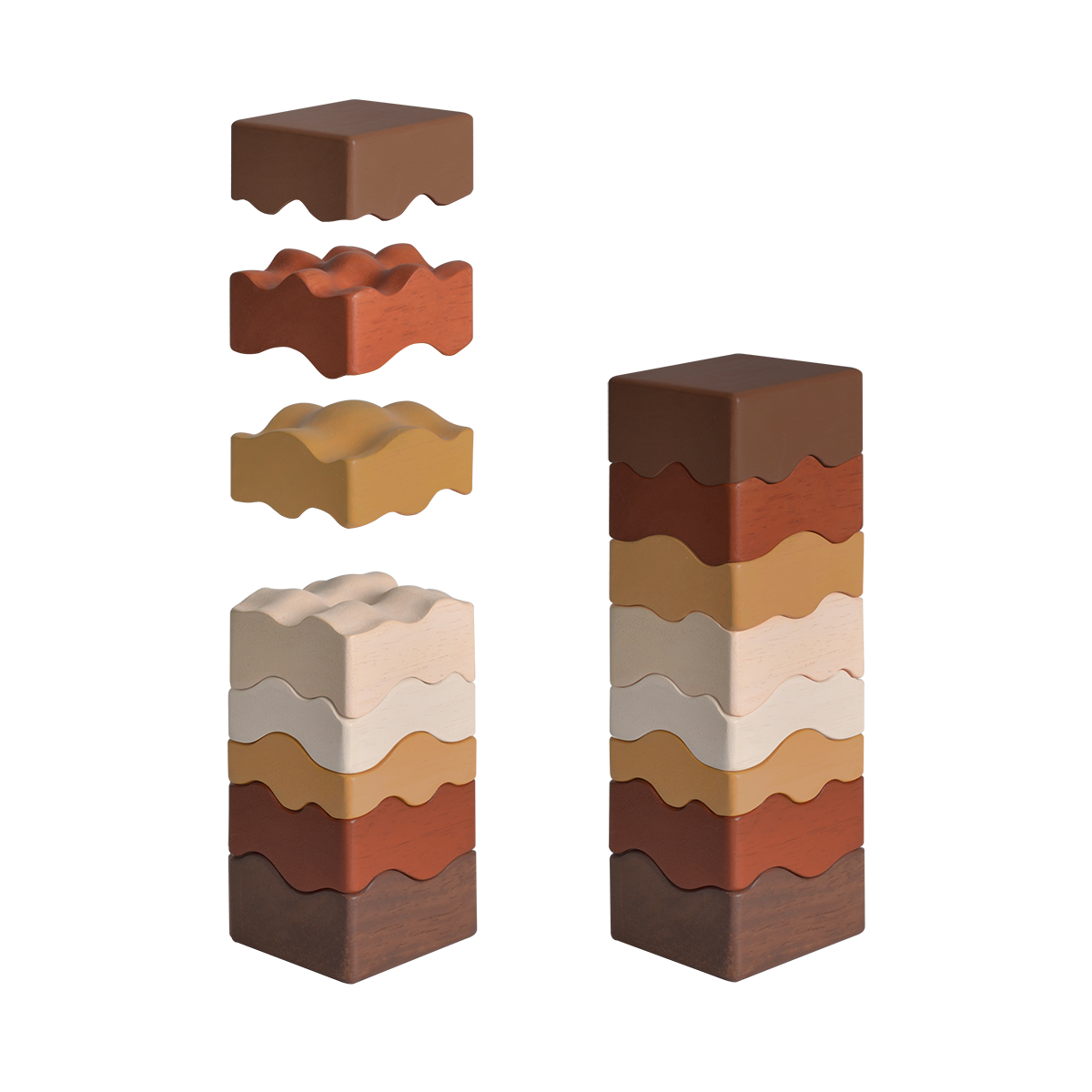 A stack of colorful geometric shaped blocks representing a rammed earth tower, with some blocks displayed both in and out of position, indicating a puzzle or building set.