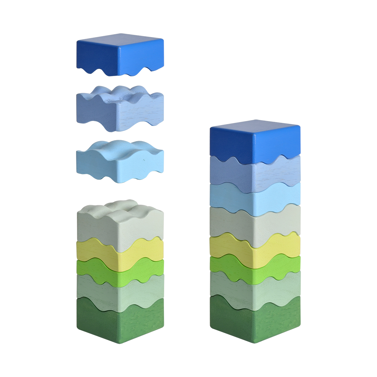 A stack of colorful geometric shaped blocks representing a rammed earth tower, with some blocks displayed both in and out of position, indicating a puzzle or building set.