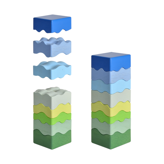 A stack of colorful geometric shaped blocks representing a rammed earth tower, with some blocks displayed both in and out of position, indicating a puzzle or building set.