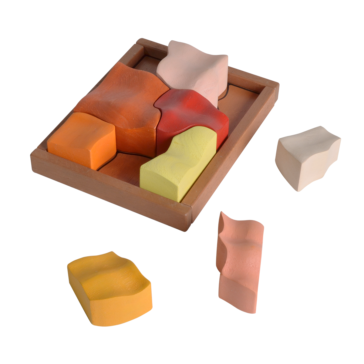 A set of square wooden tiles in various shades of red, orange, and beige, some with letters 'K' and 'L' marked on them, presented on a wooden surface with a few tiles off to the side.