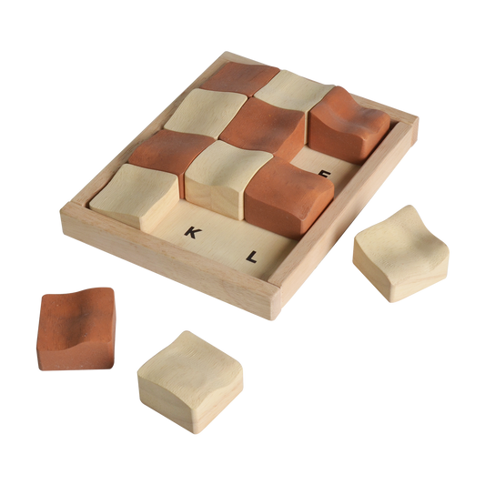 A wooden tile puzzle with brown and beige pieces, some pieces are arranged in a pattern while others are off to the side.