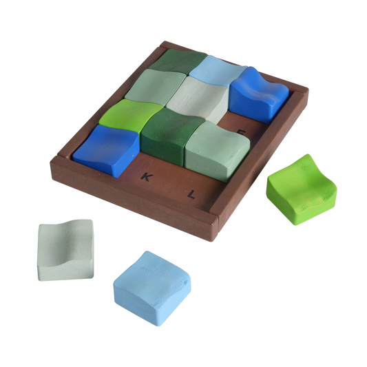 A set of multicolored square tiles with a wooden board, designed as a puzzle with the letters 'K' and 'L' on the board edges.