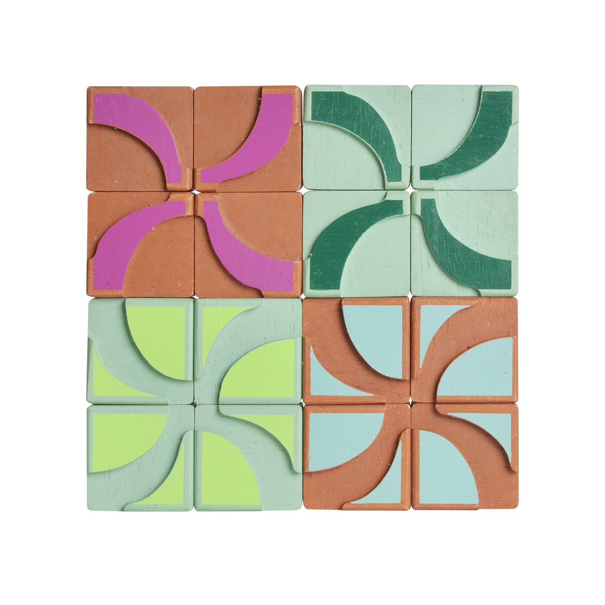 A set of 16 square patterned tiles in brown, purple, mint green, dark green, light green, and blue, with different geometric patterns engraved on each side.