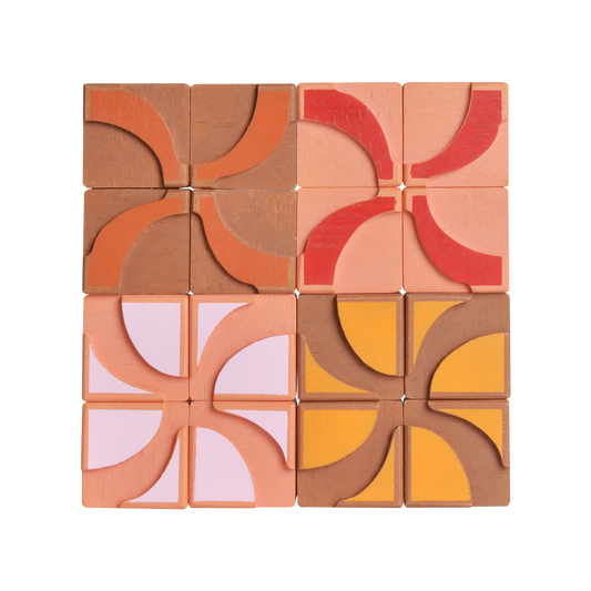 A set of 16 square patterned tiles in beige, brown, red, and yellow colors, with different geometric patterns engraved on each side.