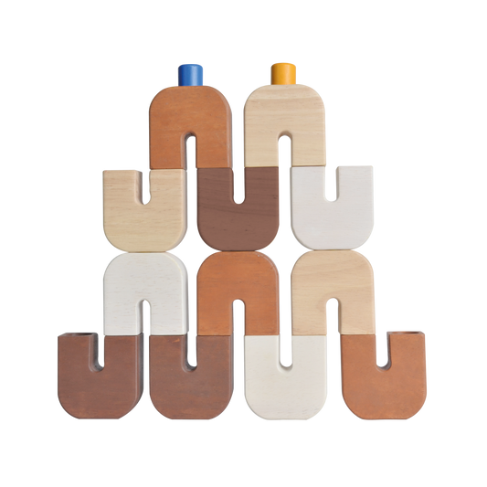 A set of wooden U-shaped blocks in various natural colors, connected with dowels of different colors on a white background.