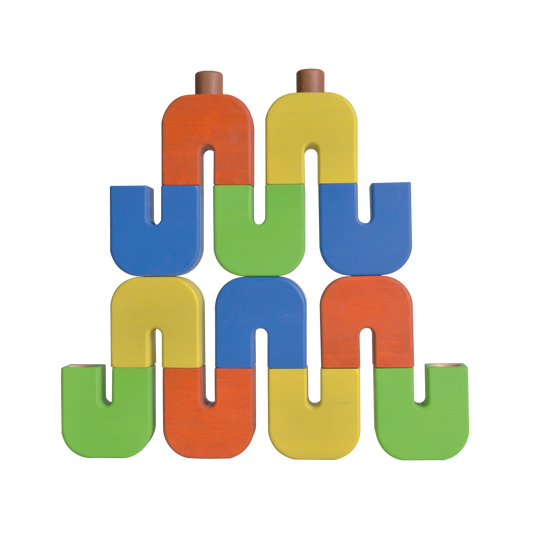 A pyramid structure made of colorful U-shaped blocks connected by dowels, with a variety of pastel colors.