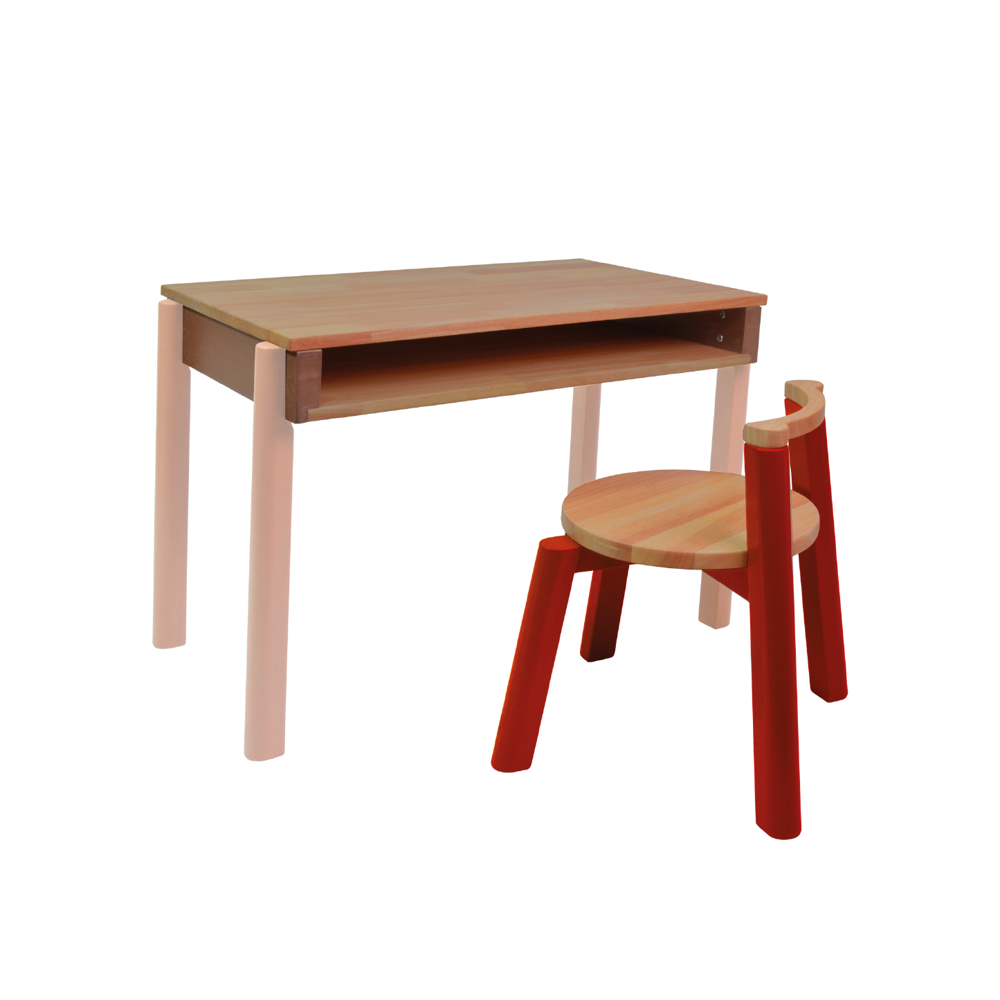A simple wooden desk and chair set for children, with the desk positioned to the left and the chair to the right, both with natural wood finishes.