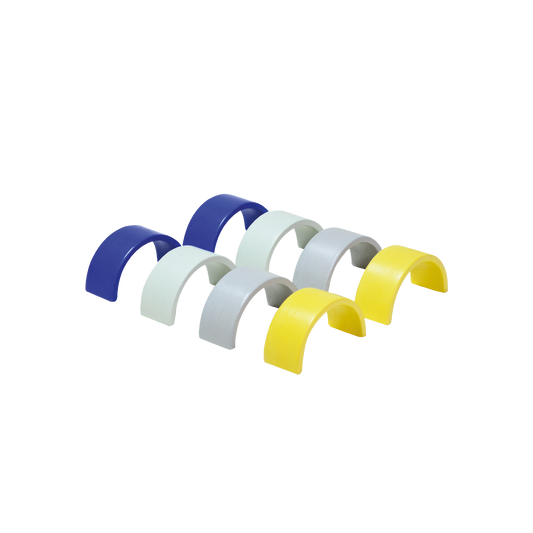 A set of colorful plastic construction arches, with blue, white, and yellow curves, against a white background.