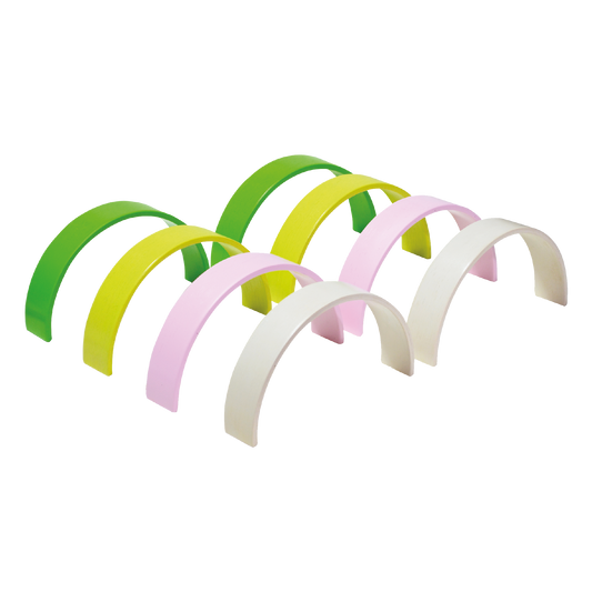 A set of colorful foam construction arches in green, pink, and white.