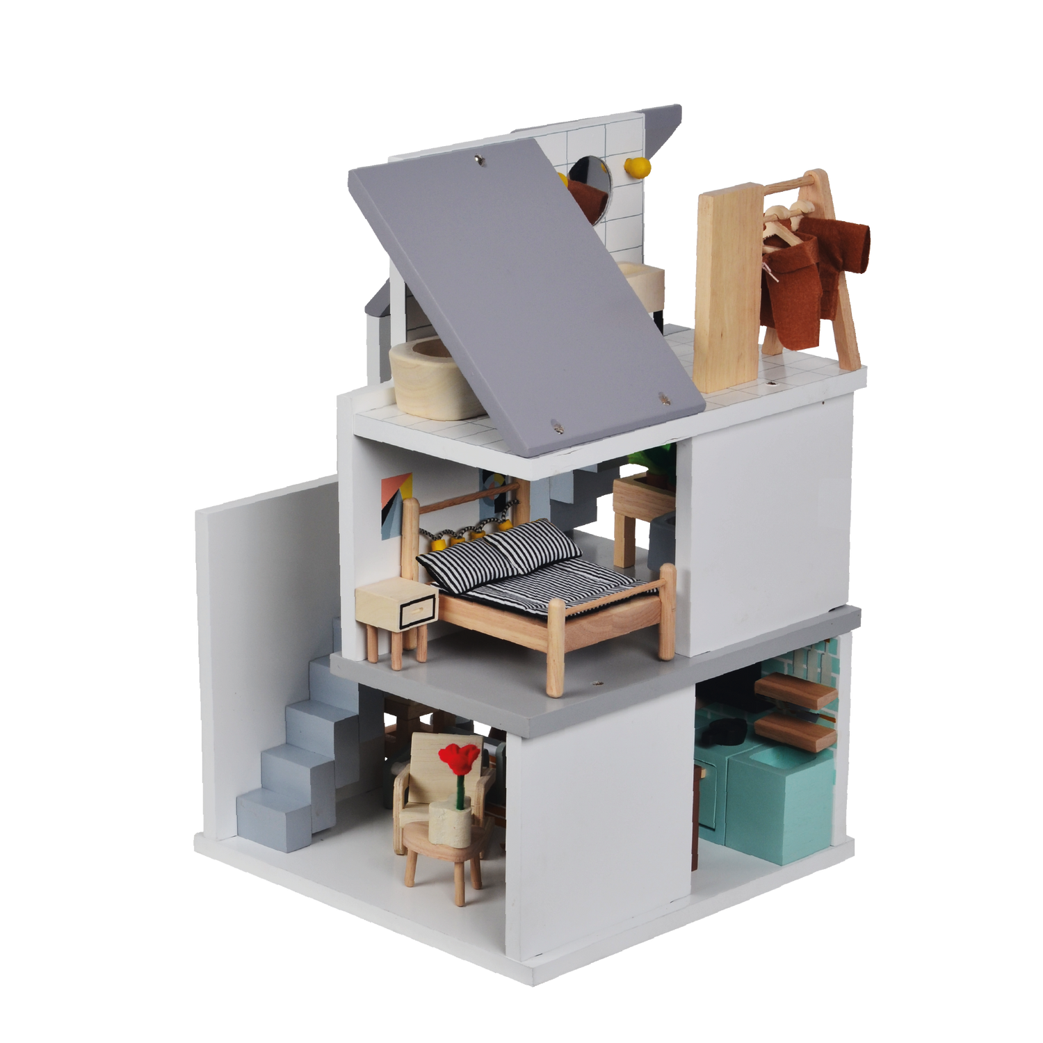 A dollhouse with multiple stories, furnished with Nordic furniture and containing two dolls. One story shows a bed, while another has a seating arrangement.