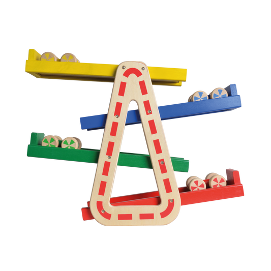 A colorful wooden racing toy set with four wooden racing cars and a triangular speed ramp.