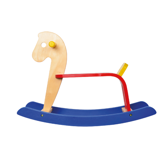 A durable rocking horse with a wooden body, blue backrest, and red handles designed for toddlers.