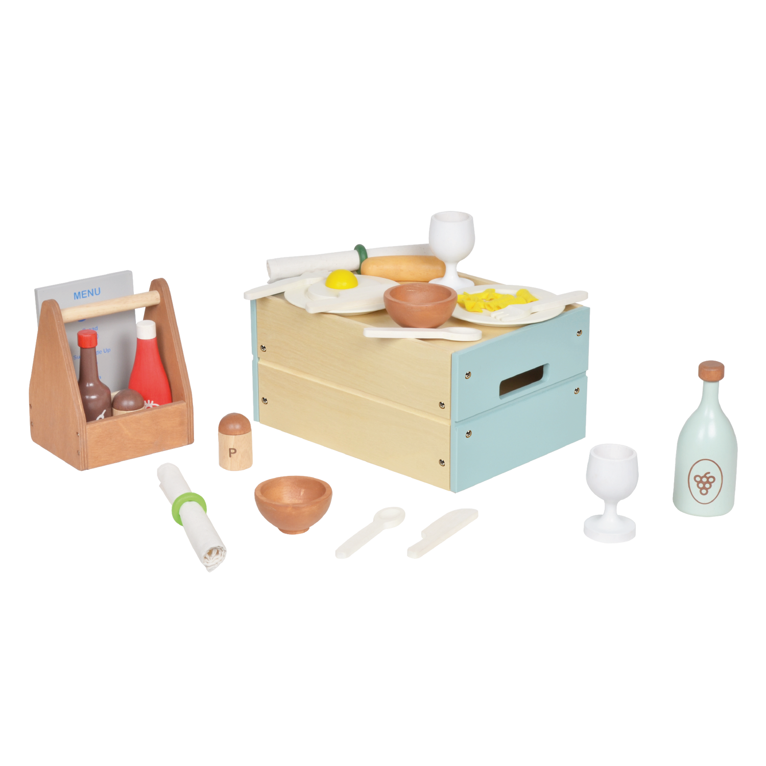 A pretend play restaurant set with wooden table, plastic food items, and wooden utensils.