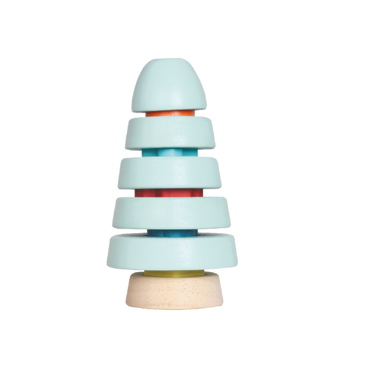 A wooden pine tree-shaped sorting toy with multiple discs in different colors placed in the tree.