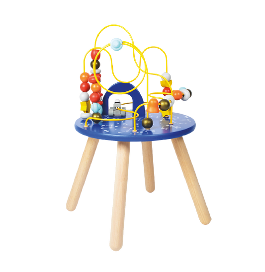 A colorful wooden maze toy with metal and plastic components, including a blue base and yellow and red paths.
