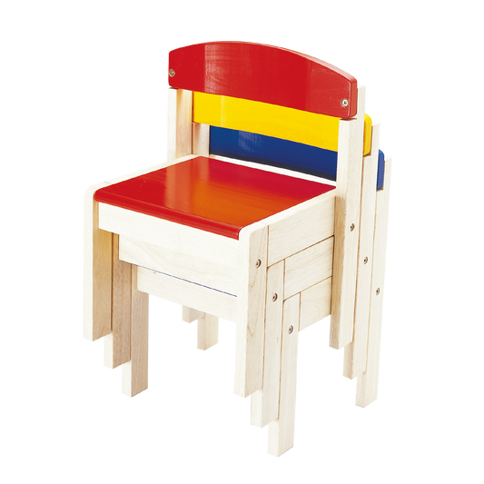 A colorful stacking chair with a red seat, yellow backrest, and a blue strip on the backrest, made of solid wood.