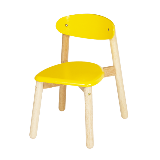 A child's yellow plastic chair with wooden legs, suitable for ages 36 months and up.