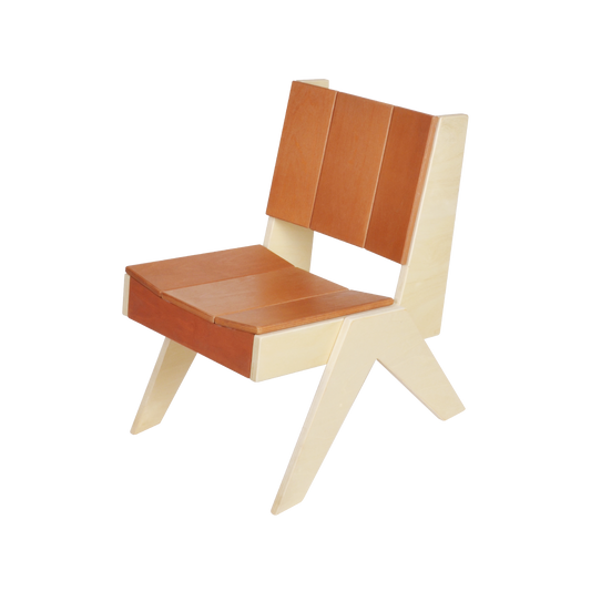 A child's lounge chair made of natural plywood, with a brown seat and white frame.