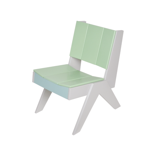 A green and white colored plywood lounge chair designed for children.