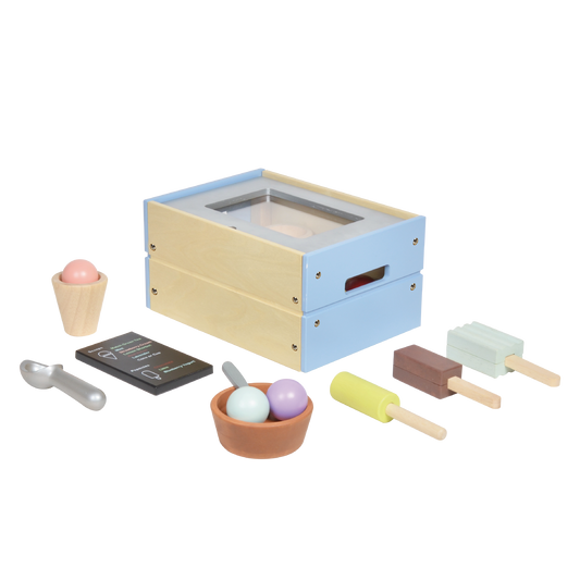 A toy ice cream shop set with various pretend ice cream cones and popsicles in different colors.